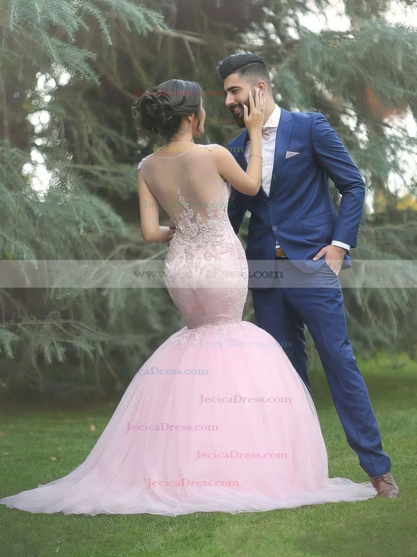 Sweetheart Pink Tulle with Appliques Lace Sweep Train Glamorous Trumpet/Mermaid Prom Dresses #JCD020103735