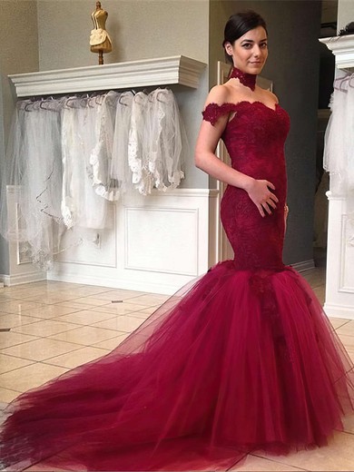 Popular Trumpet/Mermaid Off-the-shoulder Burgundy Tulle Appliques Lace Sweep Train Backless Prom Dresses #JCD020103736