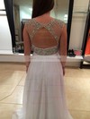 A-line Scoop Neck Tulle Chiffon Beading Sweep Train Cheap Ivory Open Back Prom Dresses #JCD020103737