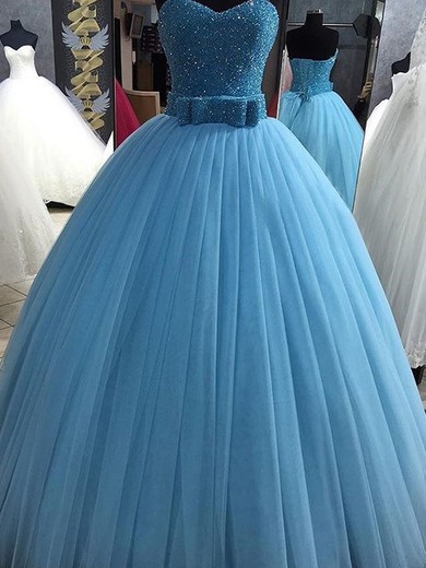 Vintage Ball Gown Sweetheart Tulle with Sashes / Ribbons Floor-length Blue Prom Dresses #JCD020103738