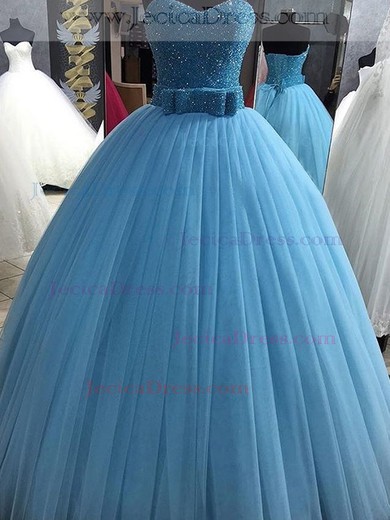 Vintage Ball Gown Sweetheart Tulle with Sashes / Ribbons Floor-length Blue Prom Dresses #JCD020103738