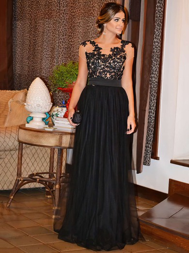 Black A-line Scoop Neck Tulle Appliques Lace Floor-length Elegant Short Sleeve Prom Dresses #JCD020103739