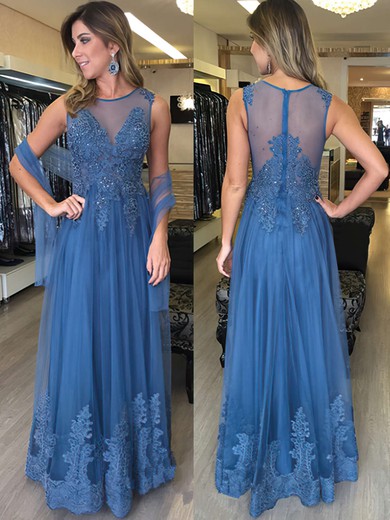 Modest A-line Scoop Neck Tulle with Appliques Lace Floor-length Long Prom Dresses #JCD020103741