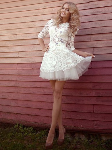 Short/Mini A-line Scoop Neck Lace Tulle Appliques Lace Sweet 1/2 Sleeve Prom Dresses #JCD020103742