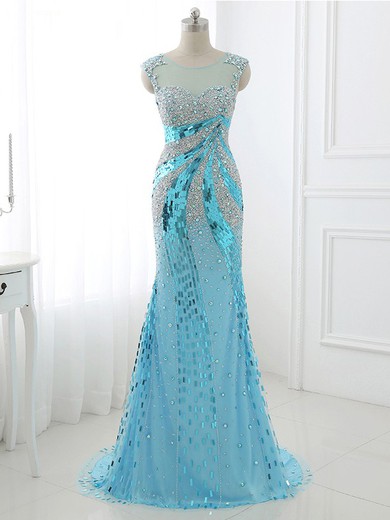 Scoop Neck Blue Tulle with Sequins Sweep Train Sparkly Trumpet/Mermaid Prom Dresses #JCD020103744