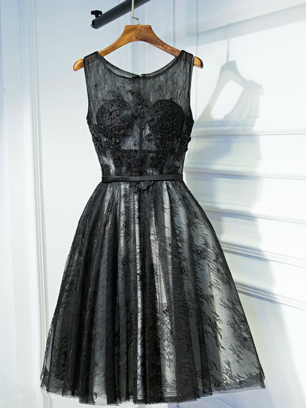 Original Black A-line Scoop Neck Lace with Appliques Lace Short/Mini Prom Dresses #JCD020103745