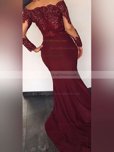 New Trumpet/Mermaid Off-the-shoulder Burgundy Chiffon Tulle Appliques Lace Sweep Train Long Sleeve Prom Dresses #JCD020103747