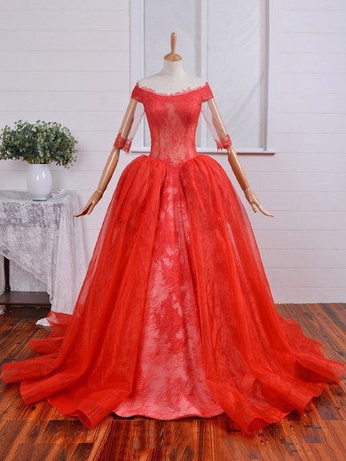Ball Gown Lace Organza Tulle Appliques Lace Court Train Classic Off-the-shoulder 1/2 Sleeve Prom Dresses #JCD020103748