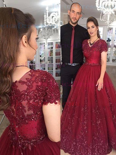 Elegant Ball Gown V-neck Burgundy Tulle Appliques Lace Floor-length Short Sleeve Prom Dresses #JCD020103749