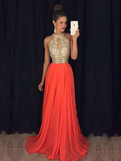 A-line Orange Chiffon Tulle with Beading Sweep Train Boutique High Neck Prom Dresses #JCD020103750