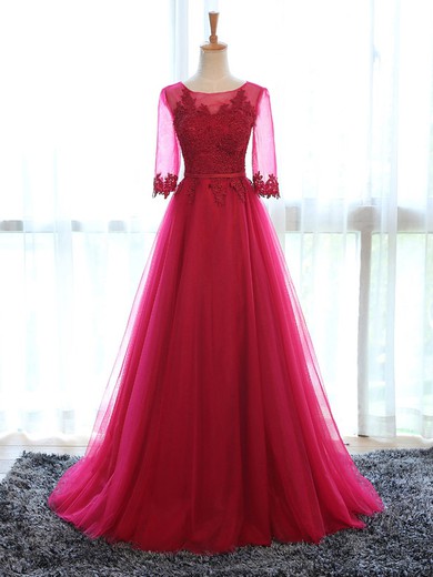 Princess Scoop Neck Tulle with Appliques Lace Floor-length Fashion 3/4 Sleeve Prom Dresses #JCD020103753