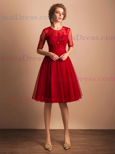Knee-length A-line Scoop Neck Red Tulle Sashes / Ribbons Online 1/2 Sleeve Prom Dresses #JCD020103757