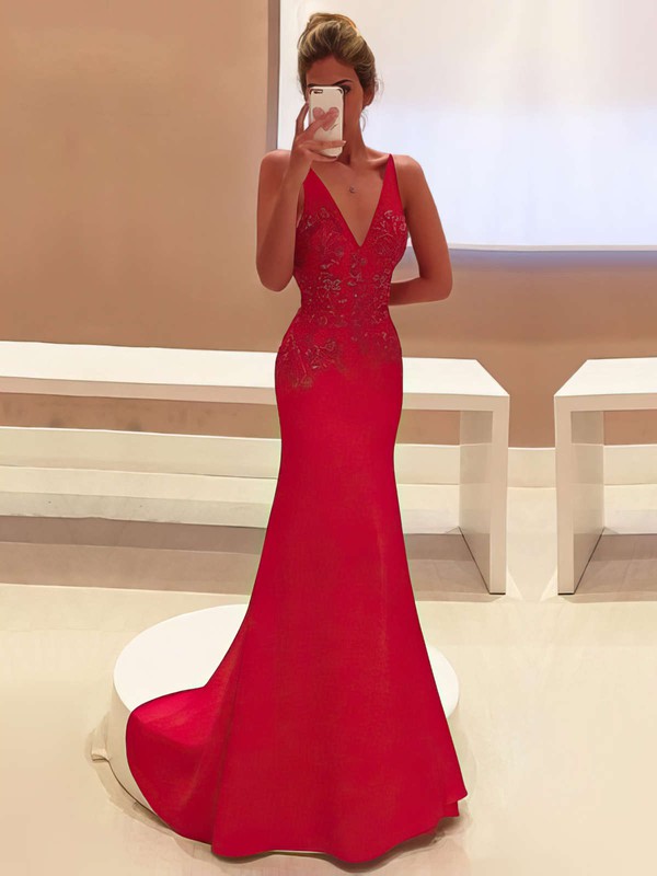 Red V-neck Silk-like Satin with Appliques Lace Sweep Train Popular Trumpet/Mermaid Prom Dresses #JCD020103760