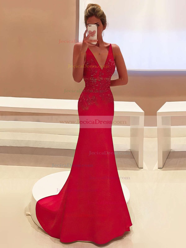 Red V-neck Silk-like Satin with Appliques Lace Sweep Train Popular Trumpet/Mermaid Prom Dresses #JCD020103760