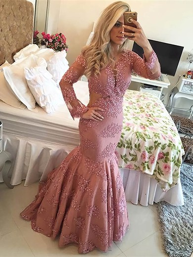 Perfect Scoop Neck Trumpet/Mermaid Tulle with Beading Sweep Train Long Sleeve Prom Dresses #JCD020103761