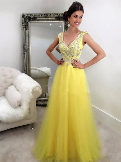 New Style A-line V-neck Tulle with Beading Floor-length Yellow Long Prom Dresses #JCD020103762