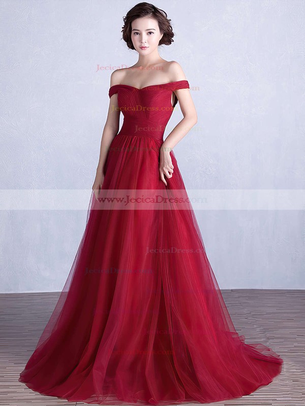 Princess Burgundy Tulle Ruffles Floor-length Lace-up Graceful Off-the-shoulder Prom Dresses #JCD020103763