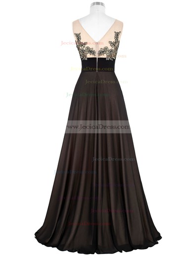 Affordable A-line Scoop Neck Black Satin Tulle Appliques Lace Floor-length Prom Dresses #JCD020103764