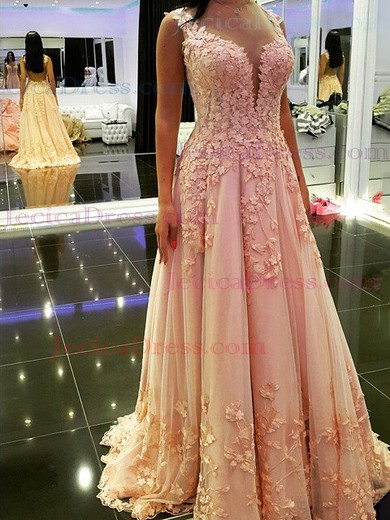 Princess V-neck Tulle with Appliques Lace Sweep Train New Arrival Pink Prom Dresses #JCD020103766