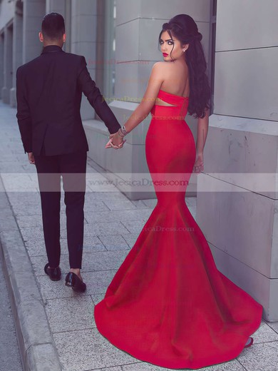 Trumpet/Mermaid Sweetheart Red Satin with Ruffles Sweep Train Exclusive Backless Prom Dresses #JCD020103768