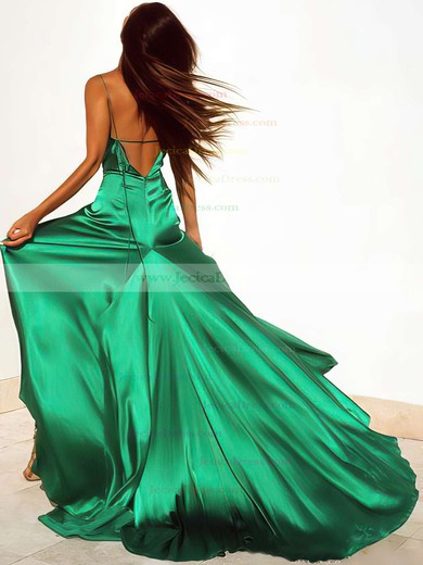 V-neck Sheath/Column Silk-like Satin Split Front Sweep Train Hot Backless Prom Dresses #JCD020103771