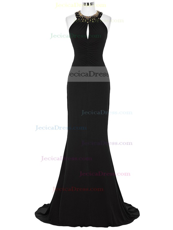 Trumpet/Mermaid Scoop Neck Black Jersey with Sequins Sweep Train Nice Open Back Prom Dresses #JCD020103772