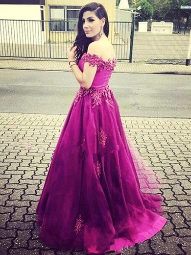Fashion Princess Satin Tulle with Appliques Lace Sweep Train Off-the-shoulder Prom Dresses #JCD020103773