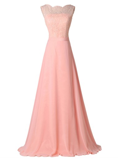 A-line Scoop Neck Lace Chiffon Sashes / Ribbons Floor-length Pretty Pink Backless Prom Dresses #JCD020103775