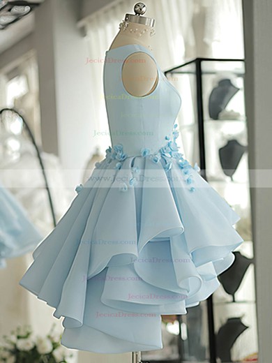 Original A-line Scoop Neck Satin Tulle with Flower(s) Short/Mini Prom Dresses #JCD020103777