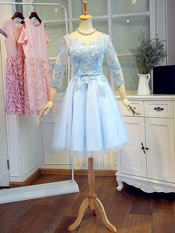 Short/Mini A-line Scoop Neck Satin Tulle Appliques Lace Sweet 3/4 Sleeve Prom Dresses #JCD020103779