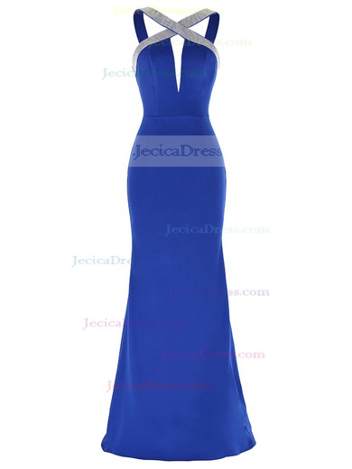Custom V-neck Trumpet/Mermaid Silk-like Satin with Beading Floor-length Backless Prom Dresses #JCD020103782