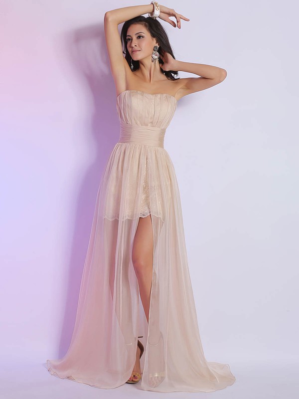 Modern A-line Lace Chiffon Split Front Strapless Prom Dress #JCD02023094
