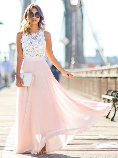 A-line Scoop Neck Lace Chiffon with Beading Floor-length Glamorous Pink Prom Dresses #JCD020103784