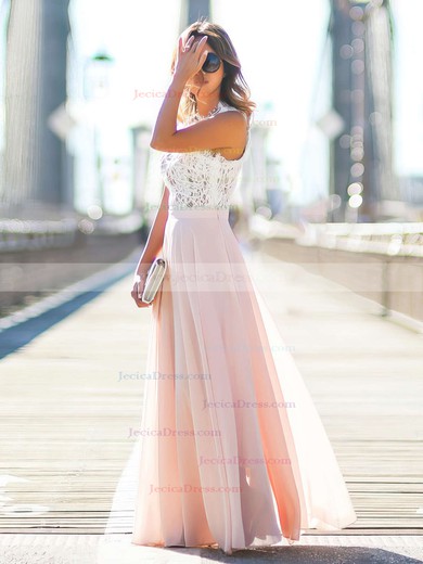 A-line Scoop Neck Lace Chiffon with Beading Floor-length Glamorous Pink Prom Dresses #JCD020103784