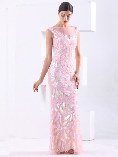 Tulle Sheath/Column Scoop Neck Floor-length with Sequins Prom Dresses #JCD020103790