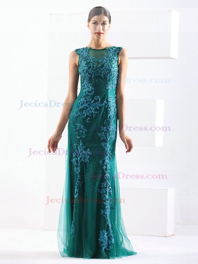 Tulle Sheath/Column Scoop Neck Sweep Train with Beading Prom Dresses #JCD020103791