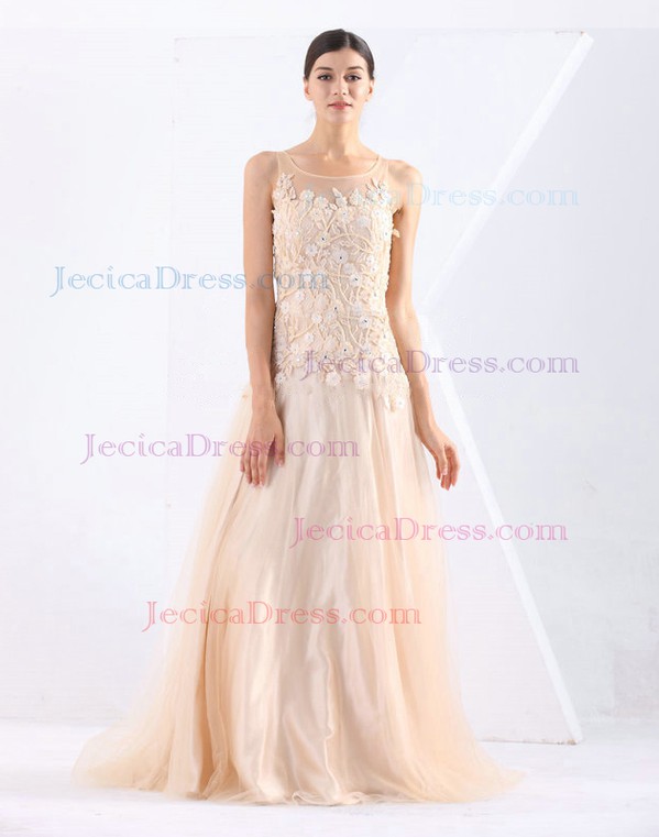 Tulle A-line Scoop Neck Sweep Train with Appliques Lace Prom Dresses #JCD020103792