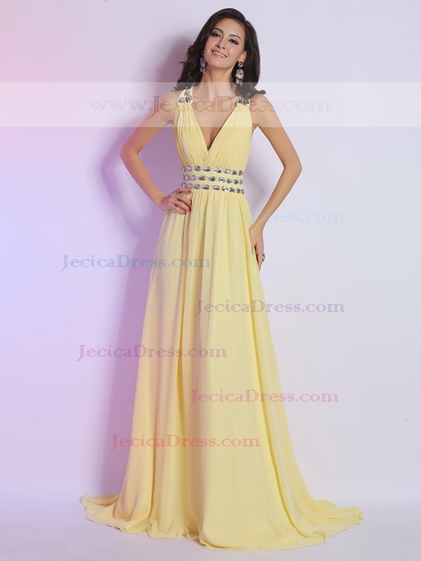 For Cheap Sweep Train Chiffon Crystal Detailing Daffodil V-neck Prom Dress #JCD02014280