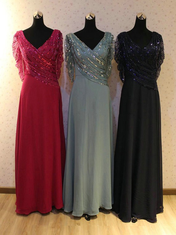 Tulle Chiffon A-line V-neck Ankle-length with Sequins Prom Dresses #JCD020103795