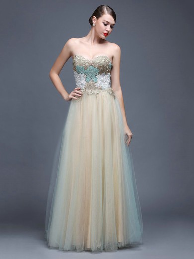 Tulle A-line Sweetheart Sweep Train with Appliques Lace Prom Dresses #JCD020103796