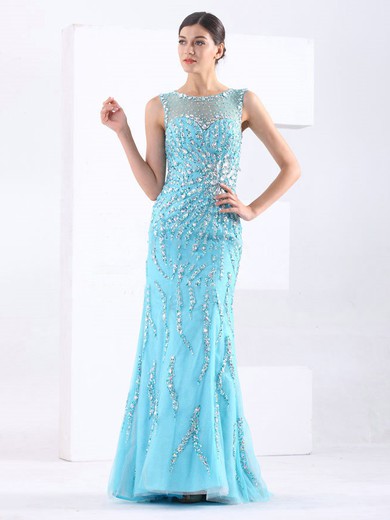 Tulle Trumpet/Mermaid Scoop Neck Sweep Train with Crystal Detailing Prom Dresses #JCD020103798