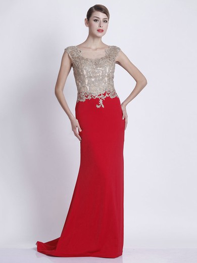 Tulle Chiffon Sheath/Column Scoop Neck Sweep Train with Appliques Lace Prom Dresses #JCD020103799