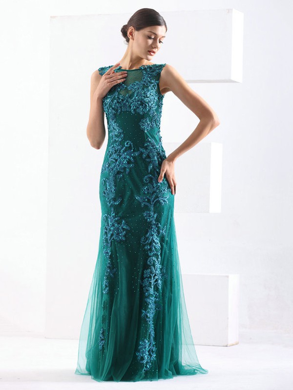 Tulle Trumpet/Mermaid Scoop Neck Sweep Train with Pearl Detailing Prom Dresses #JCD020103802