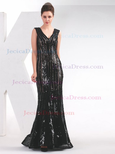 Organza Sequined Trumpet/Mermaid V-neck Floor-length with Sequins Prom Dresses #JCD020103804