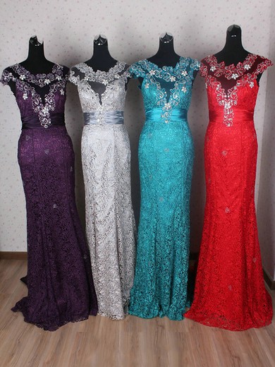 Tulle Lace Trumpet/Mermaid Scoop Neck Watteau Train with Appliques Lace Prom Dresses #JCD020103806