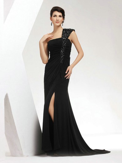 Chiffon Trumpet/Mermaid One Shoulder Sweep Train with Split Front Prom Dresses #JCD020103811