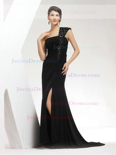 Chiffon Trumpet/Mermaid One Shoulder Sweep Train with Split Front Prom Dresses #JCD020103811
