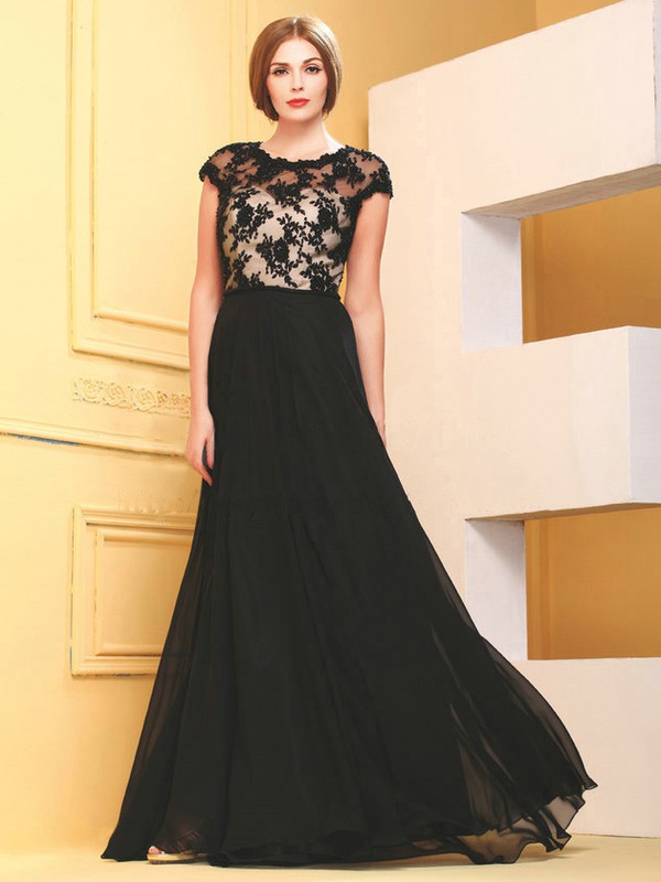 Tulle Chiffon A-line Scoop Neck Floor-length with Appliques Lace Prom Dresses #JCD020103814