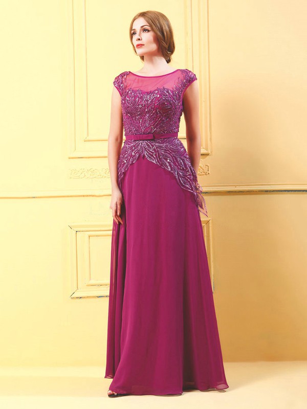 Chiffon Tulle A-line Scoop Neck Floor-length with Sashes / Ribbons Prom Dresses #JCD020103815