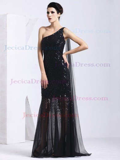 Tulle Trumpet/Mermaid One Shoulder Floor-length with Sequins Prom Dresses #JCD020103816